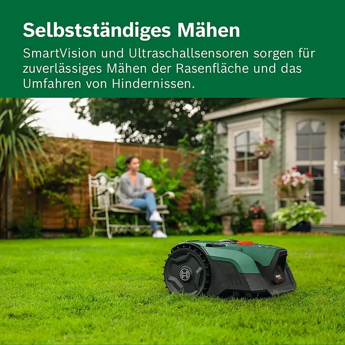 Bosch Power for All 18V Mähroboter VisiMow 18V-200 - 1 Akku, 200 m², Schnittbreite: 18 cm, Kamera-gestützte Navigation, Ultraschallsensorik - Ein grün-schwarzer Mähroboter auf grünem Rasen, mit einer entspannenden Person im Hintergrund.