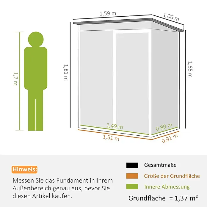 Outsunny Gerätehaus - Außenbreite inkl. Dachüberstand: 159 cm, Außentiefe inkl. Dachüberstand: 106 cm, Stahl, Dunkelgrau - Maßzeichnung eines Gartenhauses mit Gesamt-, Grundflächen- und Innenmaßen in Metern, plus menschliche Figur zum Größenvergleich. Grundfläche: 1,37 m².