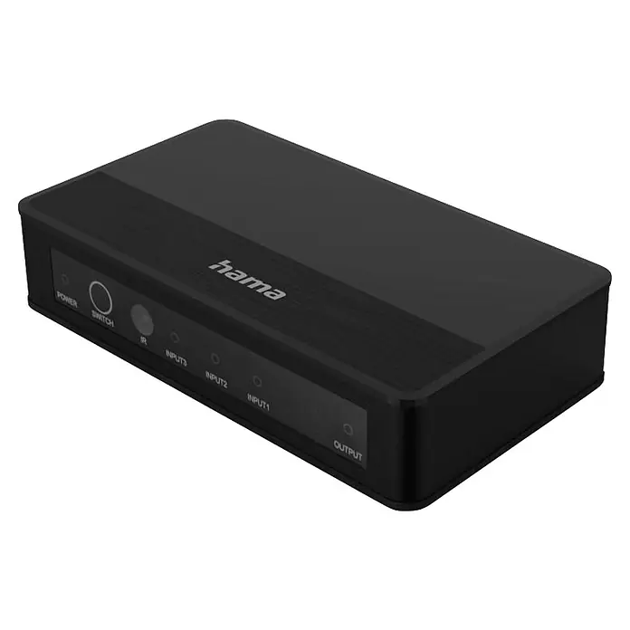 Hama HDMI-Umschalter 00121770 4K-HDMI-Umschalter 3x1 - Schwarz - Schwarzer Hama HDMI-Umschalter mit Frontbedienfeld für Strom, Eingangs- und IR-Empfängerauswahl.