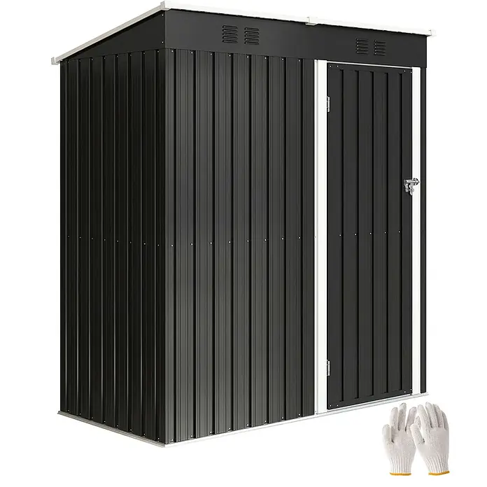 Outsunny Gerätehaus - Außenbreite inkl. Dachüberstand: 163 cm, Außentiefe inkl. Dachüberstand: 90 cm, Stahl, Dunkelgrau - Schwarzer Wellblech-Gartenschuppen mit weißem Dach und Zierleisten, inkl. Arbeitshandschuhe.