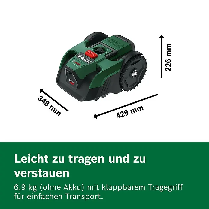 Bosch Power for All 18V Mähroboter VisiMow 18V-200 - 1 Akku, 200 m², Schnittbreite: 18 cm, Kamera-gestützte Navigation, Ultraschallsensorik - Grüner und schwarzer Bosch Mähroboter mit Maßen: 429 mm Länge, 348 mm Breite und 226 mm Höhe.