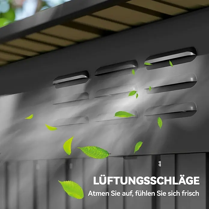 Outsunny Gerätehaus - Außenbreite inkl. Dachüberstand: 159 cm, Außentiefe inkl. Dachüberstand: 106 cm, Stahl, Dunkelgrau - Dunkle Struktur mit Lüftungsschlitzen, die Luftbewegung und grüne Blätter zeigen, symbolisiert Frische.