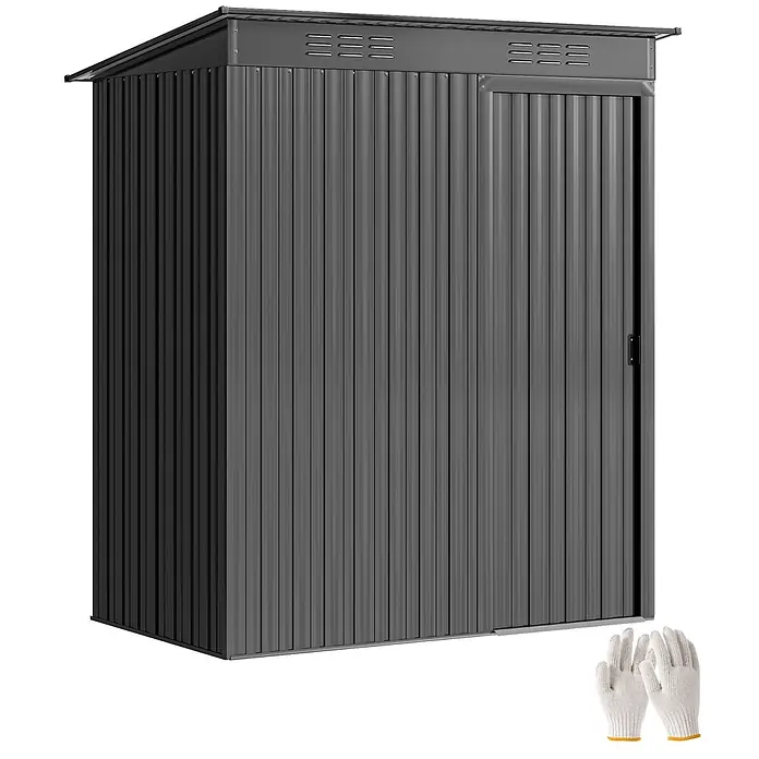 Outsunny Gerätehaus - Außenbreite inkl. Dachüberstand: 159 cm, Außentiefe inkl. Dachüberstand: 106 cm, Stahl, Dunkelgrau - Dunkelgrauer Geräteschuppen aus Wellblech mit einer Schiebetür und zwei weißen Arbeitshandschuhen.