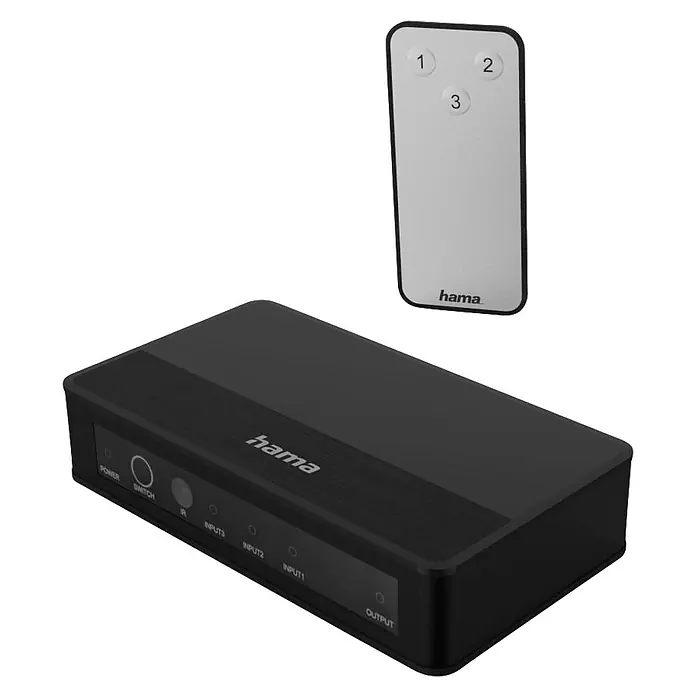Hama HDMI-Umschalter 00121770 4K-HDMI-Umschalter 3x1 - Schwarz - Schwarzer Hama HDMI-Switch mit drei Eingängen und einem Ausgang, dazu eine kleine weiße Fernbedienung mit nummerierten Tasten.