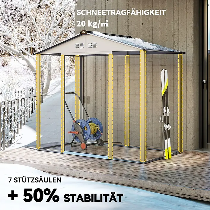 Outsunny Gerätehaus - Außenbreite inkl. Dachüberstand: 213 cm, Außentiefe inkl. Dachüberstand: 131 cm, Stahl, Grau - Outdoor-Schuppen mit transparenten Wänden, verstärkten Stützen und 20 kg/m² Schneetragfähigkeit, in verschneiter Umgebung.
