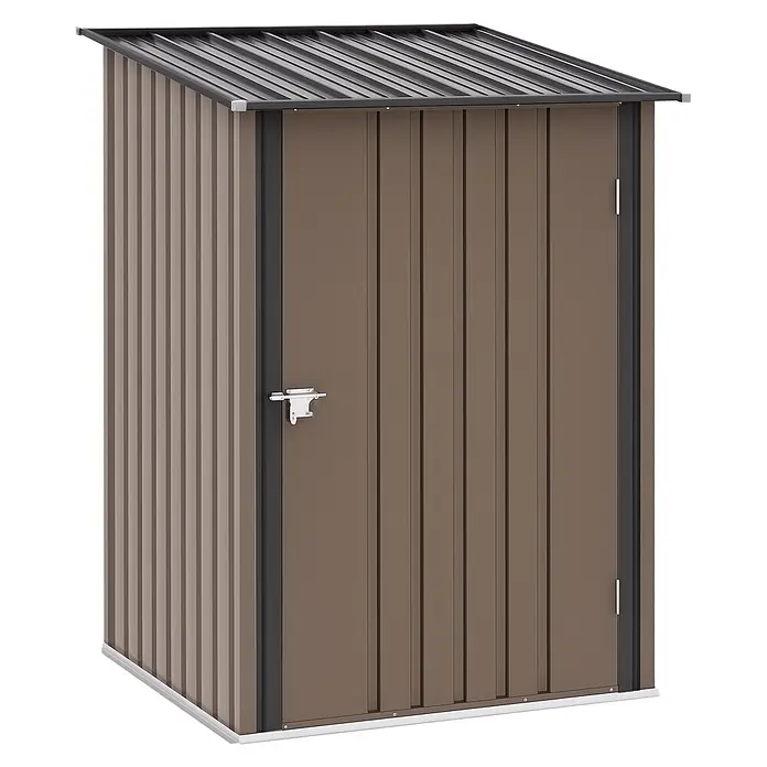 Outsunny Gerätehaus - Außenbreite inkl. Dachüberstand: 100 cm, Außentiefe inkl. Dachüberstand: 103 cm, Stahl, Braun - Braunes Gartenhaus aus Metall mit schwarzem Wellblechdach und silbernem Türriegel.