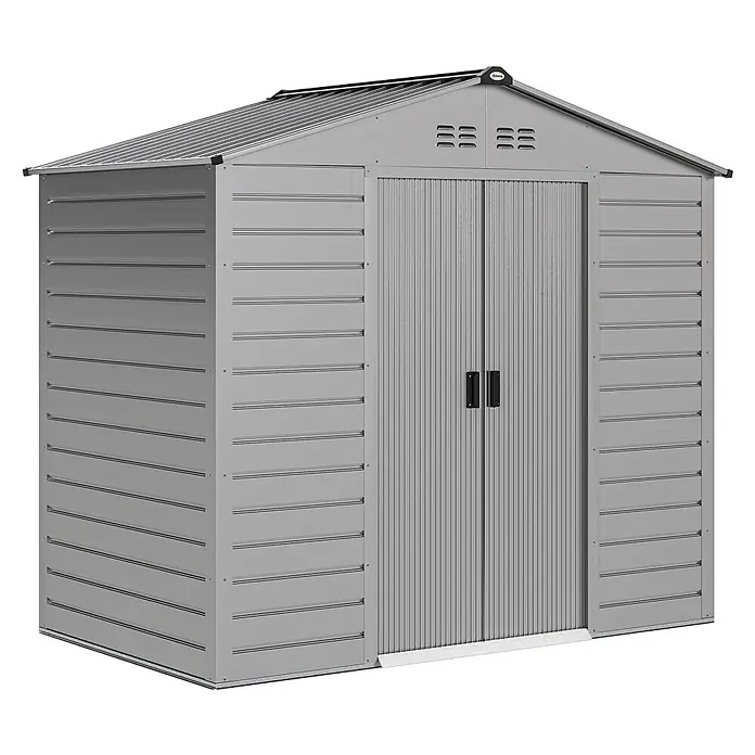 Outsunny Gerätehaus - Außenbreite inkl. Dachüberstand: 213 cm, Außentiefe inkl. Dachüberstand: 131 cm, Stahl, Grau - Grauer Metallschuppen mit Doppeltüren und Giebeldach.
