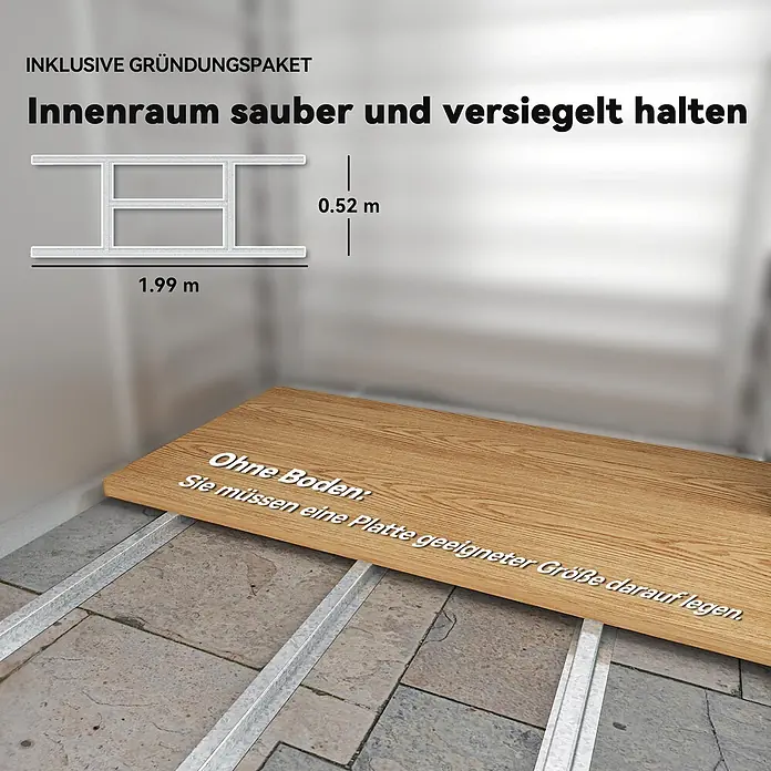 Outsunny Gerätehaus - Außenbreite inkl. Dachüberstand: 213 cm, Außentiefe inkl. Dachüberstand: 131 cm, Stahl, Grau - Galvanisierter Fundamentrahmen (1.99x0.52m). Hilft, den Innenraum sauber zu halten; Bodenplatte muss separat ergänzt werden.
