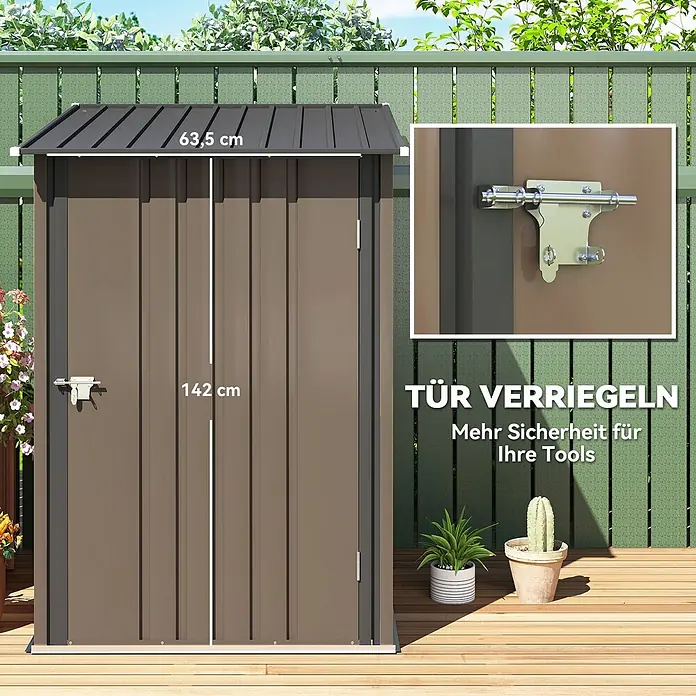 Outsunny Gerätehaus - Außenbreite inkl. Dachüberstand: 100 cm, Außentiefe inkl. Dachüberstand: 103 cm, Stahl, Braun - Brauner Metall-Gartenschrank mit 142 cm hoher Tür und sicherem Riegel, ideal zur Werkzeugaufbewahrung auf einer Holzterrasse.