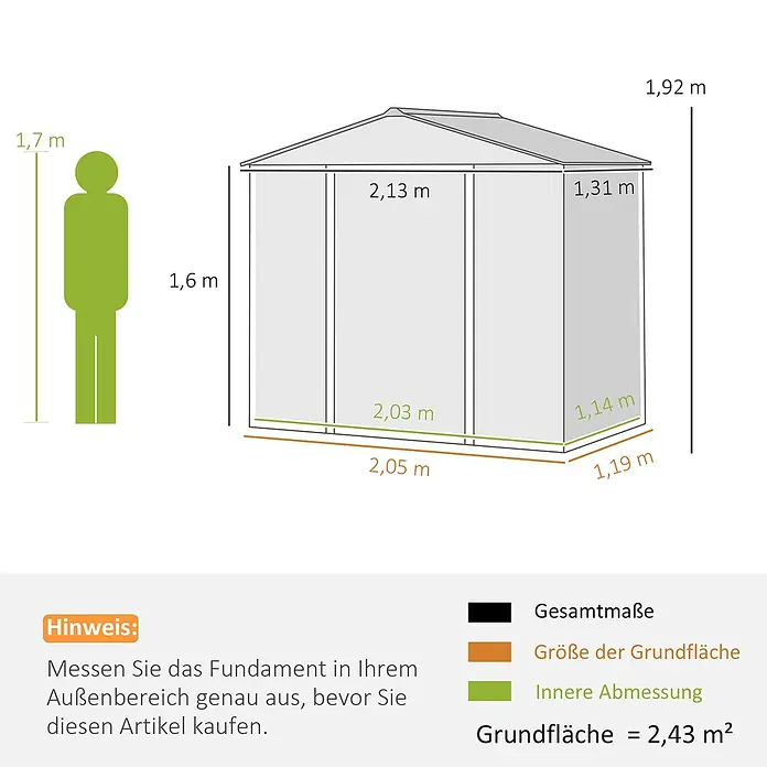 Outsunny Gerätehaus - Außenbreite inkl. Dachüberstand: 213 cm, Außentiefe inkl. Dachüberstand: 131 cm, Stahl, Grau - Maße eines Gartenhauses: 2,05x1,19m Grundfläche, 1,92m Gesamthöhe, 2,43m² Fläche, mit 1,7m Mensch zum Größenvergleich.