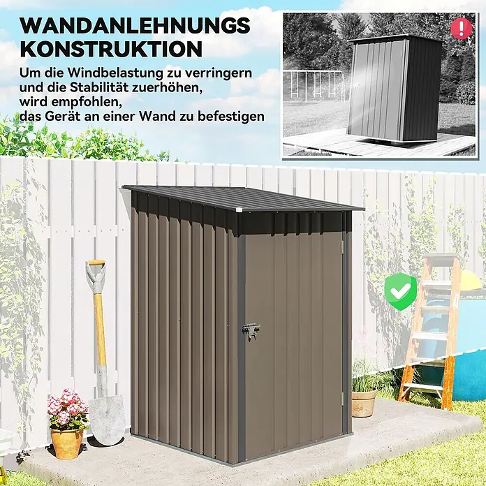 Outsunny Gerätehaus - Außenbreite inkl. Dachüberstand: 100 cm, Außentiefe inkl. Dachüberstand: 103 cm, Stahl, Braun - Brauner Metall-Anlehnschuppen, an einem Zaun befestigt für mehr Stabilität und Windlastreduzierung.