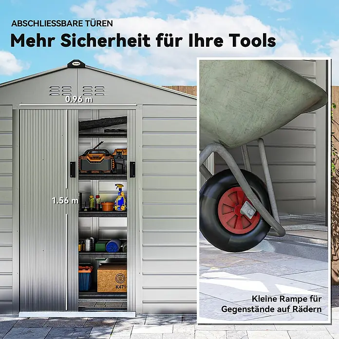 Outsunny Gerätehaus - Außenbreite inkl. Dachüberstand: 213 cm, Außentiefe inkl. Dachüberstand: 131 cm, Stahl, Grau - Metall-Gartenschuppen mit abschließbaren Schiebetüren, Regalen und Rampe für Rollgeräte. Bietet sicheren Werkzeugstauraum.