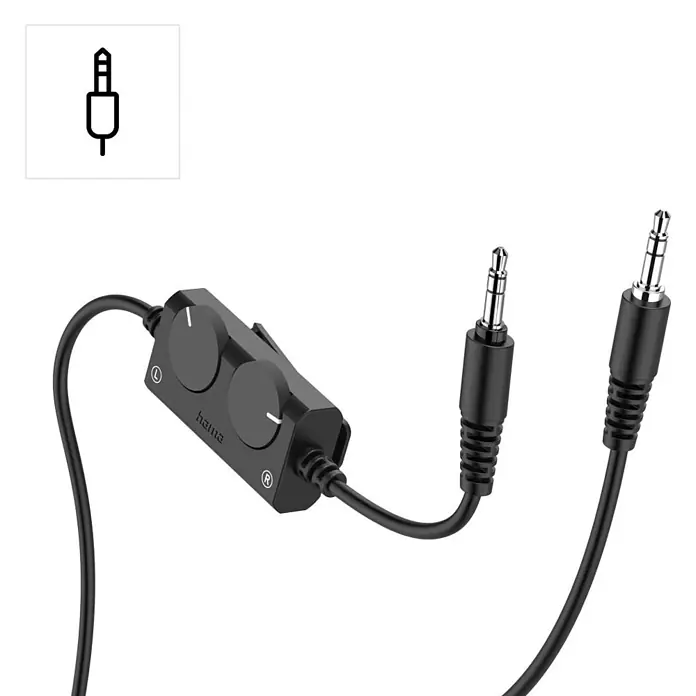 Hama Kopfhörer Fernseh-Kopfhörer Over-Ear langes Kabel - Schwarz - Schwarzes Audio-Splitterkabel mit integrierter Stereo-Lautstärkeregelung und zwei 3,5-mm-Klinkensteckern.