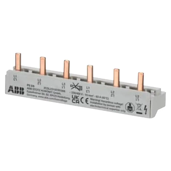 ABB Phasenschiene PS3/6 3Ph.,6Pins,10qmm 3Ph.,6Pins,10qmm - 106 mm - Weißer ABB Stromverteilerblock mit mehreren Kupferstiften.