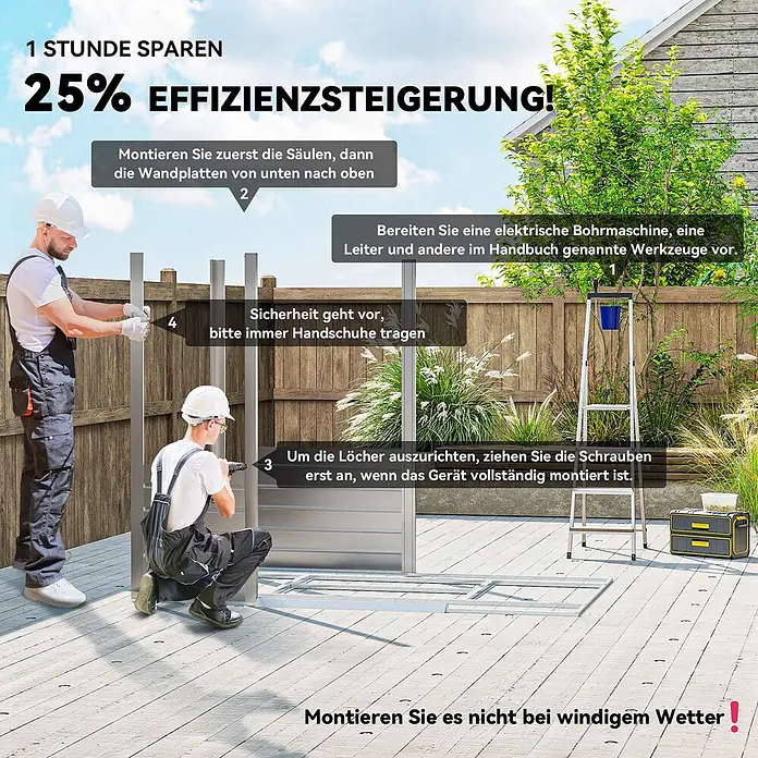 Outsunny Gerätehaus - Außenbreite inkl. Dachüberstand: 213 cm, Außentiefe inkl. Dachüberstand: 131 cm, Stahl, Grau - Zwei Arbeiter montieren einen grauen Metallschuppen auf einer Holzterrasse, geleitet von Montageanweisungen zur Effizienz und Sicherheit.