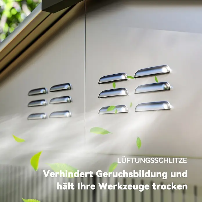 Outsunny Gerätehaus - Außenbreite inkl. Dachüberstand: 213 cm, Außentiefe inkl. Dachüberstand: 131 cm, Stahl, Grau - Metallische Lüftungsschlitze an einer hellgrauen Platte für Luftzirkulation, verhindern Geruch und halten den Inhalt trocken.