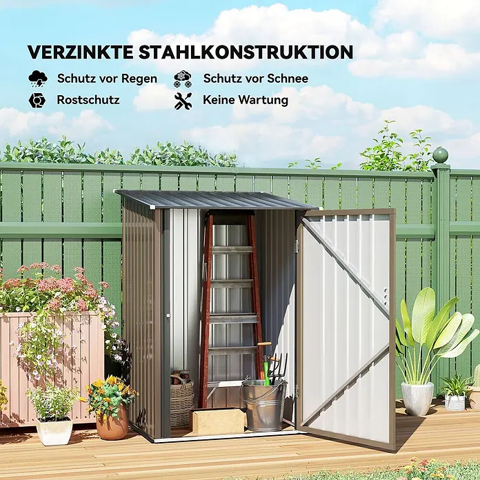 Outsunny Gerätehaus - Außenbreite inkl. Dachüberstand: 100 cm, Außentiefe inkl. Dachüberstand: 103 cm, Stahl, Braun - Braunes verzinktes Stahl-Gartenhaus, offen, mit Werkzeugen und Leiter auf Holzterrasse. Bietet Regen-, Schnee- und Rostschutz.