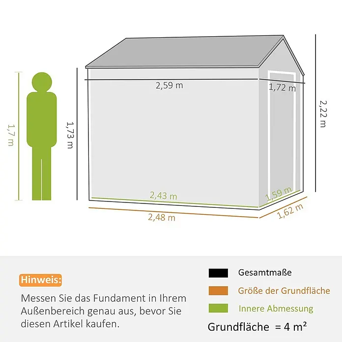 Outsunny Gerätehaus - Außenbreite inkl. Dachüberstand: 172 cm, Außentiefe inkl. Dachüberstand: 259 cm, Stahl, Dunkelgrau - Maßzeichnung eines Gartenhauses mit Abmessungen (z.B. 2,59m Länge, 2,22m Höhe), Innenmaßen (2,43x1,59m) und 1,7m Figur als Maßstab. Grundfläche: 4 m².