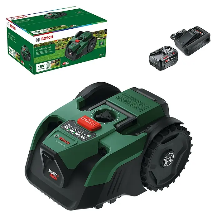 Bosch Power for All 18V Mähroboter VisiMow 18V-200 - 1 Akku, 200 m², Schnittbreite: 18 cm, Kamera-gestützte Navigation, Ultraschallsensorik - Grün-schwarzer Bosch Visimow 18V Mähroboter, 18V Akku, Ladegerät und Produktverpackung.