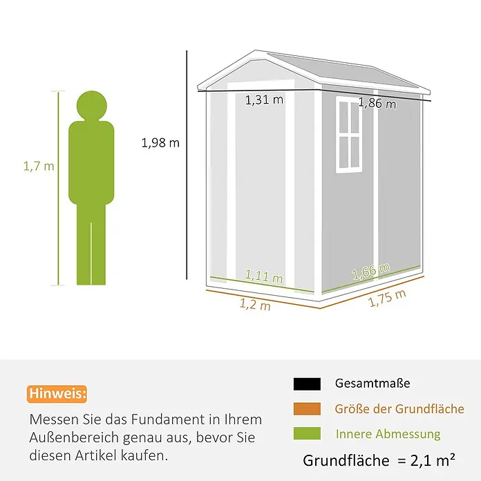 Outsunny Gerätehaus - Außenbreite inkl. Dachüberstand: 131 cm, Außentiefe inkl. Dachüberstand: 186 cm, Aluminium, Grau - Graues Gartenhaus mit verschiedenen Außen- und Innenmaßen, zusammen mit einer 1,7m großen Person zur Veranschaulichung. Gesamthöhe 1,98m, Grundfläche 2,1m².