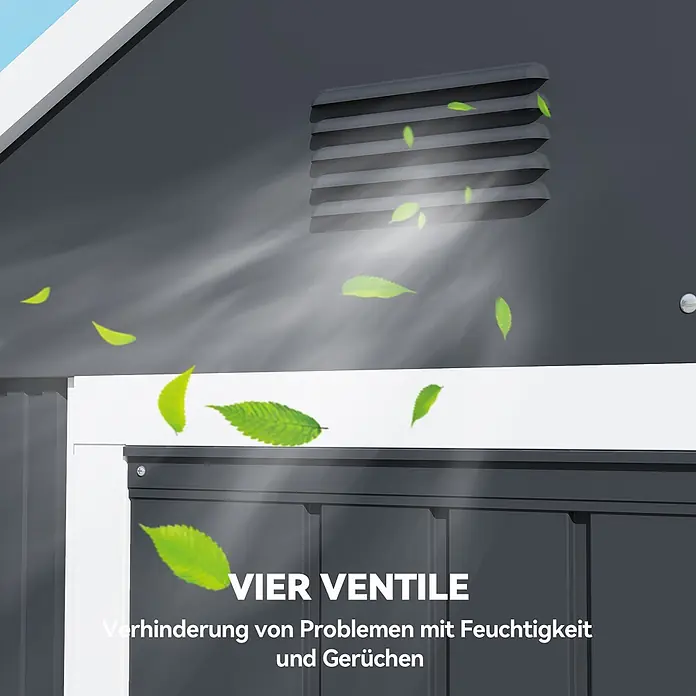 Outsunny Gerätehaus - Außenbreite inkl. Dachüberstand: 172 cm, Außentiefe inkl. Dachüberstand: 259 cm, Stahl, Dunkelgrau - Graue Schuppenwand mit Lamellenlüftung und Luftstrom zur Vermeidung von Feuchtigkeit und Gerüchen.