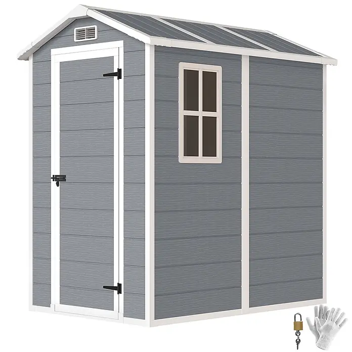 Outsunny Gerätehaus - Außenbreite inkl. Dachüberstand: 131 cm, Außentiefe inkl. Dachüberstand: 186 cm, Aluminium, Grau - Grauer Geräteschuppen mit weißer Tür, Fenster und Dach. Inklusive Vorhängeschloss mit Schlüsseln und Arbeitshandschuhen.