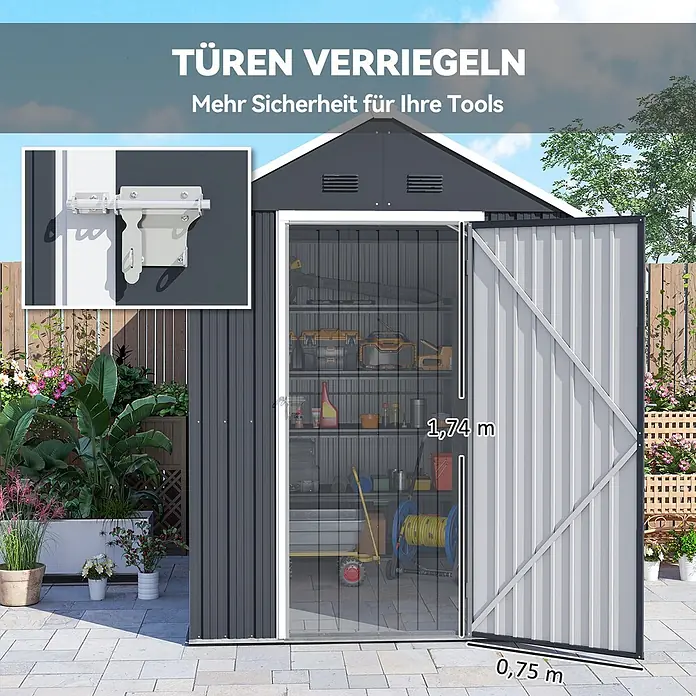 Outsunny Gerätehaus - Außenbreite inkl. Dachüberstand: 172 cm, Außentiefe inkl. Dachüberstand: 259 cm, Stahl, Dunkelgrau - Dunkelgrauer Metallschuppen mit offener Tür, zeigt Innenlagerung, gesichert mit Riegel. Türöffnung: 1,74m H, 0,75m B.