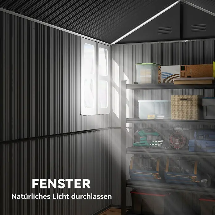 Outsunny Gerätehaus - Außenbreite inkl. Dachüberstand: 172 cm, Außentiefe inkl. Dachüberstand: 259 cm, Stahl, Dunkelgrau - Schuppen-Innenansicht mit Fenster für Tageslicht, das Regale mit Werkzeugen und Stauraum erhellt.
