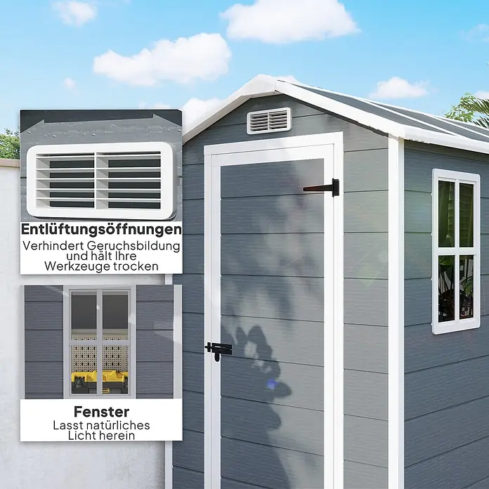 Outsunny Gerätehaus - Außenbreite inkl. Dachüberstand: 131 cm, Außentiefe inkl. Dachüberstand: 186 cm, Aluminium, Grau - Grauer Gartenschuppen mit weißem Akzent. Mit Belüftungsöffnung zur Geruchsvermeidung und Fenster für natürliches Licht.