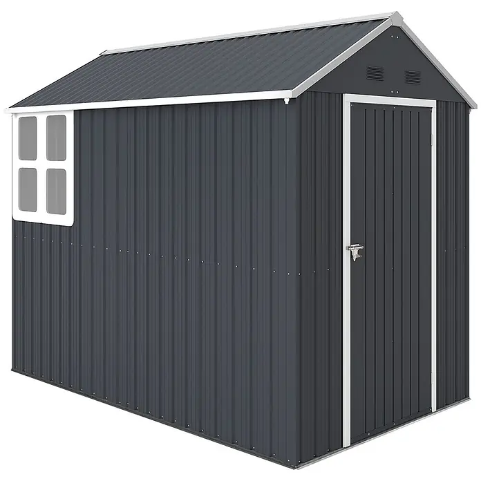 Outsunny Gerätehaus - Außenbreite inkl. Dachüberstand: 172 cm, Außentiefe inkl. Dachüberstand: 259 cm, Stahl, Dunkelgrau - Dunkelgrauer Geräteschuppen aus Wellblech mit einer Tür, einem weiß gerahmten Fenster und weißer Verkleidung.