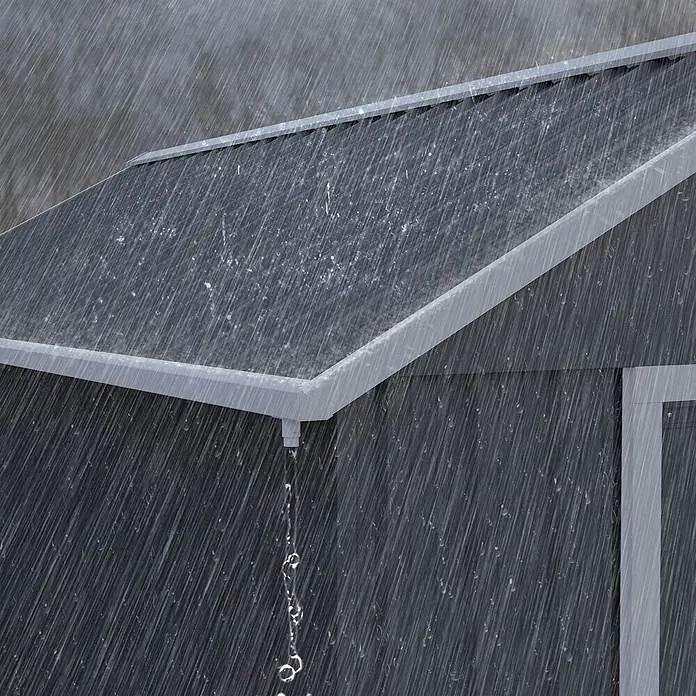 Outsunny Gerätehaus - Außenbreite inkl. Dachüberstand: 172 cm, Außentiefe inkl. Dachüberstand: 259 cm, Stahl, Dunkelgrau - Dunkles Dach mit hellgrauem Rinnensystem, das starkes Regenwasser sammelt, das aus dem Fallrohr strömt.