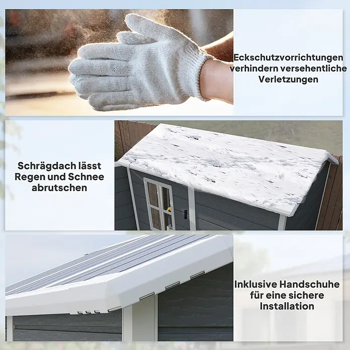 Outsunny Gerätehaus - Außenbreite inkl. Dachüberstand: 131 cm, Außentiefe inkl. Dachüberstand: 186 cm, Aluminium, Grau - Ein Gartenhaus mit Schrägdach und Eckschutz, dazu Handschuhe für sichere Montage.