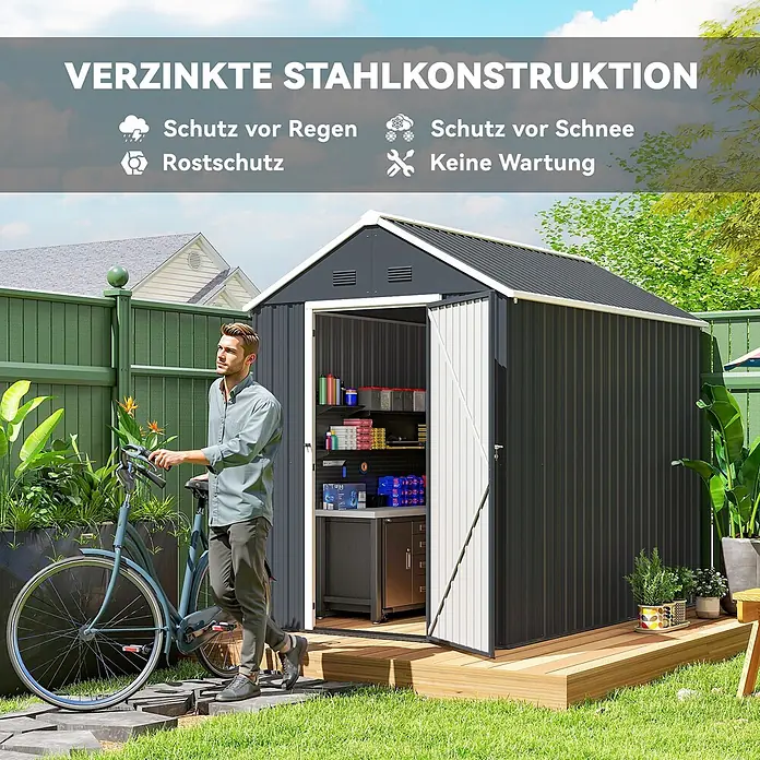 Outsunny Gerätehaus - Außenbreite inkl. Dachüberstand: 172 cm, Außentiefe inkl. Dachüberstand: 259 cm, Stahl, Dunkelgrau - Dunkelgrauer Gartenschuppen aus verzinktem Stahl mit offener Tür, die den Stauraum zeigt, in einem Garten. Ein Mann mit Fahrrad vermittelt Maßstab.