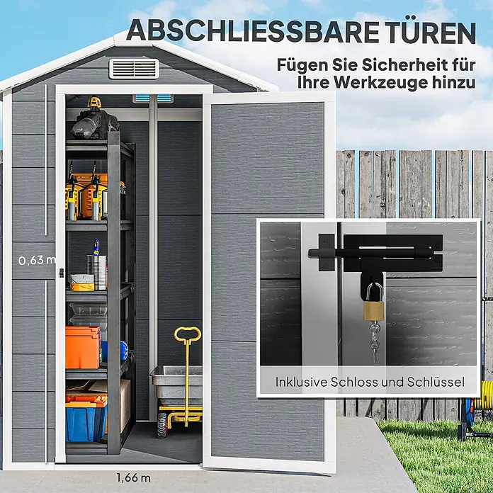 Outsunny Gerätehaus - Außenbreite inkl. Dachüberstand: 131 cm, Außentiefe inkl. Dachüberstand: 186 cm, Aluminium, Grau - Graues Gartenhaus mit offenen, abschließbaren Türen, innen Werkzeuge und Stauraum. Mit Maßen und Schlossdetail, im Freien.