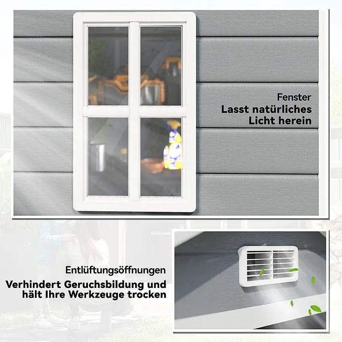 Outsunny Gerätehaus - Außenbreite inkl. Dachüberstand: 183 cm, Außentiefe inkl. Dachüberstand: 134 cm, Kunststoff, Grau - Ein grauer Geräteschuppen mit Fenster und Belüftungsöffnung für Tageslicht und Luftzirkulation.