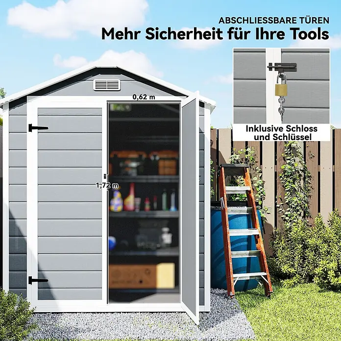 Outsunny Gerätehaus - Außenbreite inkl. Dachüberstand: 183 cm, Außentiefe inkl. Dachüberstand: 134 cm, Kunststoff, Grau - Graues Gartenhaus mit abschließbaren Doppeltüren (0,62x1,72m) und Schloss für Werkzeugsicherheit.
