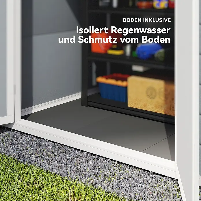 Outsunny Gerätehaus - Außenbreite inkl. Dachüberstand: 183 cm, Außentiefe inkl. Dachüberstand: 134 cm, Kunststoff, Grau - Integrierter Boden eines Gartenhauses, der Regenwasser und Schmutz vom Boden isoliert.