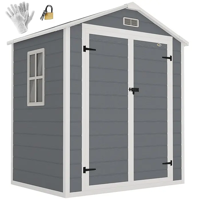Outsunny Gerätehaus - Außenbreite inkl. Dachüberstand: 183 cm, Außentiefe inkl. Dachüberstand: 134 cm, Kunststoff, Grau - Grauer Geräteschuppen mit weißen Zierleisten, Seitenfenster und Doppeltüren. Inklusive weißer Handschuhe, Vorhängeschloss und Schlüsseln.