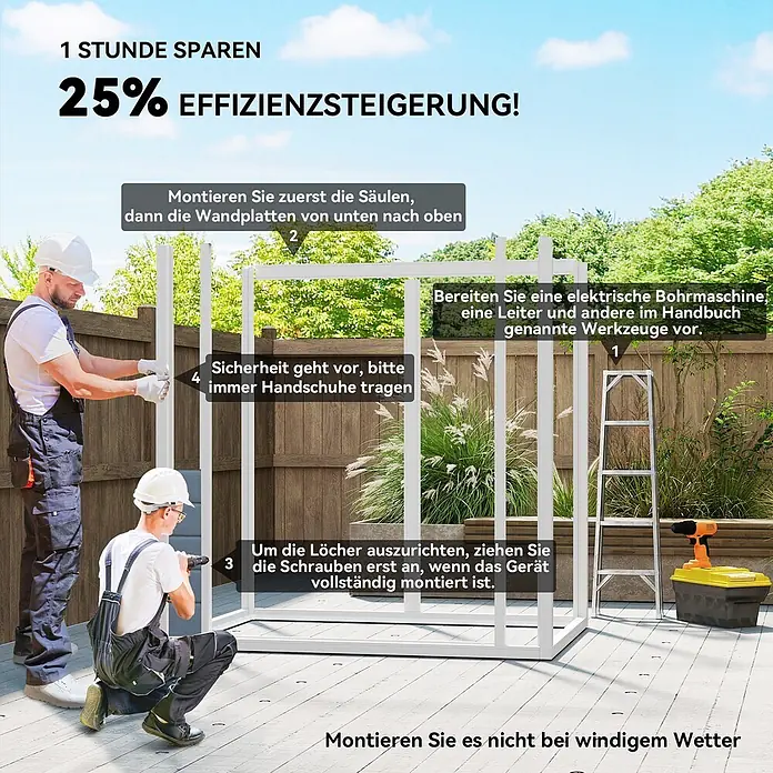 Outsunny Gerätehaus - Außenbreite inkl. Dachüberstand: 183 cm, Außentiefe inkl. Dachüberstand: 134 cm, Kunststoff, Grau - Zwei Arbeiter montieren draußen auf einer Terrasse eine weiße modulare Metallrahmenkonstruktion. Ein Arbeiter befestigt eine vertikale Stütze, während der andere in eine Basis bohrt.