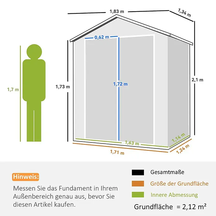 Outsunny Gerätehaus - Außenbreite inkl. Dachüberstand: 183 cm, Außentiefe inkl. Dachüberstand: 134 cm, Kunststoff, Grau - Diagramm eines hellen Gartenhauses mit detaillierten Außen-, Grundriss- und Innenmaßen, daneben eine 1,7 m große menschliche Figur zur Skalierung.