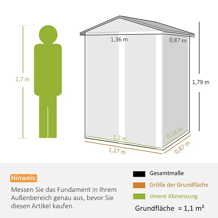 Outsunny Gerätehaus - Außenbreite inkl. Dachüberstand: 136 cm, Außentiefe inkl. Dachüberstand: 87 cm, Stahl, Braun - Diagramm mit den Maßen eines Geräteschuppens, Außen- und Innenabmessungen, Stellfläche (1,1 m²) und einer 1,7 m großen Person zum Größenvergleich.