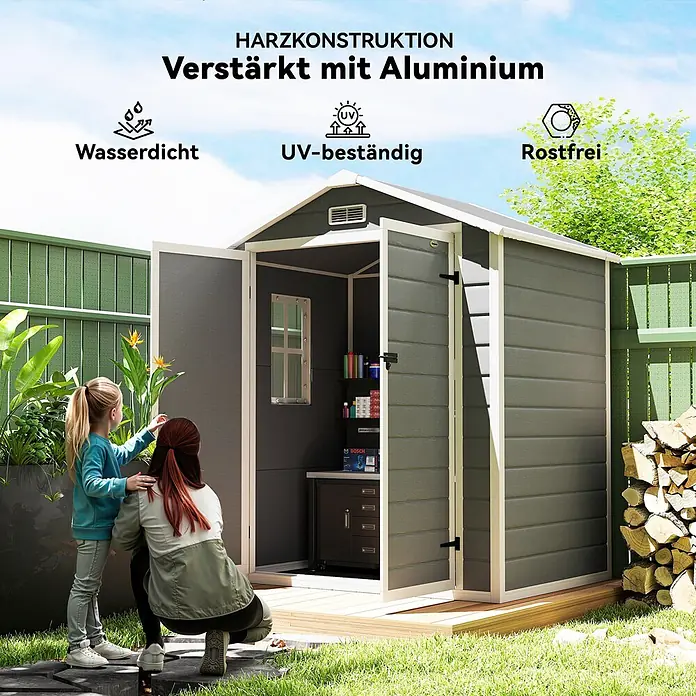 Outsunny Gerätehaus - Außenbreite inkl. Dachüberstand: 183 cm, Außentiefe inkl. Dachüberstand: 134 cm, Kunststoff, Grau - Graues Gartenhaus aus Harz mit Aluminiumverstärkung, offen im Garten. Wasserdicht, UV-beständig und rostfrei für dauerhafte Lagerung.