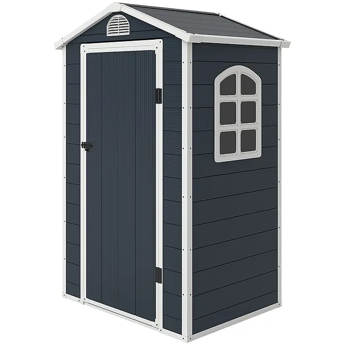 Outsunny Gerätehaus - Außenbreite inkl. Dachüberstand: 134 cm, Außentiefe inkl. Dachüberstand: 104 cm, Aluminium, Dunkelgrau - Dunkelblauer Gartenschuppen mit weißer Verkleidung, Bogenfenster, Tür und Dachlüftung.