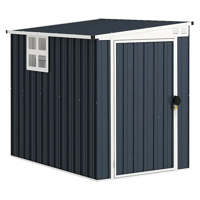 Outsunny Gerätehaus - Außenbreite inkl. Dachüberstand: 128 cm, Außentiefe inkl. Dachüberstand: 193 cm, Stahl, Dunkelgrau - Anthrazitfarbener Metallgartenschuppen mit weißem Rahmen, Pultdach, Fenster und Tür.