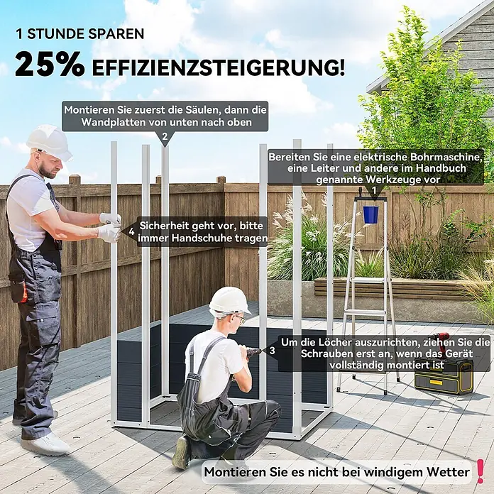 Outsunny Gerätehaus - Außenbreite inkl. Dachüberstand: 134 cm, Außentiefe inkl. Dachüberstand: 104 cm, Aluminium, Dunkelgrau - Zwei Männer montieren eine dunkelgraue Lamellen-Gartenbox. Einer befestigt Paneele, der andere bohrt, mit Fokus auf Sicherheit.