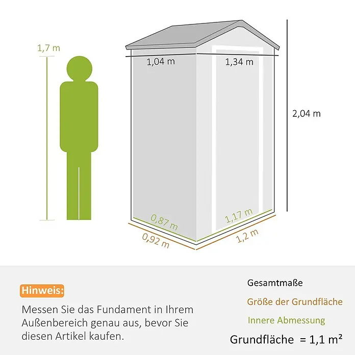 Outsunny Gerätehaus - Außenbreite inkl. Dachüberstand: 134 cm, Außentiefe inkl. Dachüberstand: 104 cm, Aluminium, Dunkelgrau - Maßzeichnung eines grauen Gartenhauses mit 1,7m Person als Größenvergleich, zeigt Außen- und Innenmaße sowie eine Grundfläche von 1,1 m².