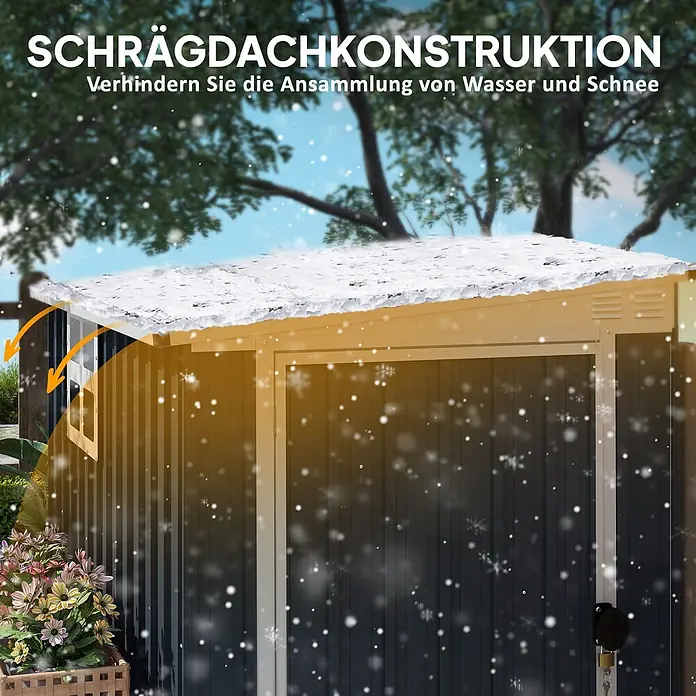 Outsunny Gerätehaus - Außenbreite inkl. Dachüberstand: 128 cm, Außentiefe inkl. Dachüberstand: 193 cm, Stahl, Dunkelgrau - Gartenschuppen mit schrägem Dach, das Wasser und Schnee abweist.