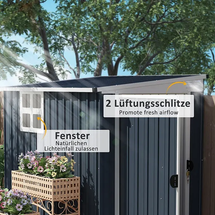 Outsunny Gerätehaus - Außenbreite inkl. Dachüberstand: 128 cm, Außentiefe inkl. Dachüberstand: 193 cm, Stahl, Dunkelgrau - Dunkelgrauer Metall-Gartenschuppen mit Fenster und zwei Lüftungsschlitzen, im Garten.