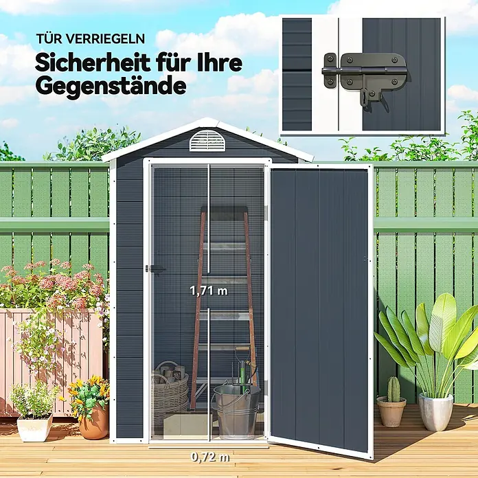 Outsunny Gerätehaus - Außenbreite inkl. Dachüberstand: 134 cm, Außentiefe inkl. Dachüberstand: 104 cm, Aluminium, Dunkelgrau - Dunkelgraues Gartenhaus mit offener Tür, das den Innenraum und einen Riegel zeigt. Maße: 1,71 m hoch, 0,72 m breit.