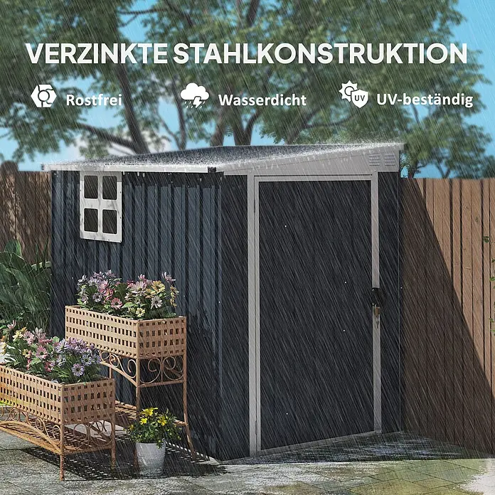Outsunny Gerätehaus - Außenbreite inkl. Dachüberstand: 128 cm, Außentiefe inkl. Dachüberstand: 193 cm, Stahl, Dunkelgrau - Dunkelgraues Gartenhaus aus verzinktem Stahl im Regen, rostfrei, wasserdicht, UV-beständig.